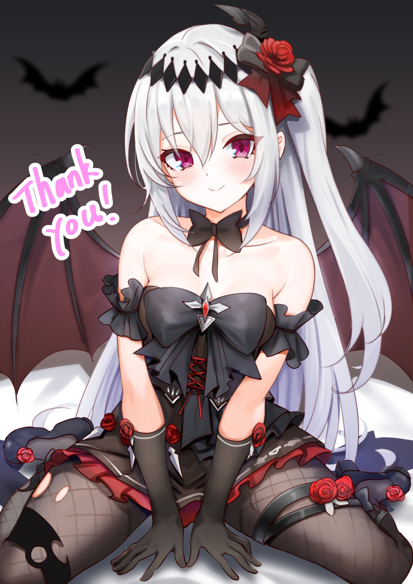 1girl, absurdres, bare_shoulders, bat_(animal), bat_wings, bed_sheet, black_bow, black_bowtie, black_dress, black_gloves, blush, bow, bowtie, closed_mouth, collarbone, commission, demon_girl, dress, fishnet_pantyhose, fishnets, flower, frilled_dress, frills, gloves, got0_naisho, hair_flower, hair_ornament, highres, long_hair, looking_at_viewer, mare_(ac8231), naked_bowtie, one_side_up, original, pantyhose, red_eyes, red_flower, red_rose, rose, sitting, skeb_commission, solo, thank_you, vampire, wariza, white_hair, wings