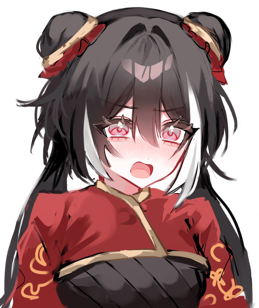 1girl, black_dress, black_hair, blush, chinese_clothes, commentary_request, double_bun, dress, hair_between_eyes, hair_bun, highres, jia_xichun_(project_moon), limbus_company, long_hair, mimingaminchi, multicolored_hair, nose_blush, open_mouth, pink_eyes, project_moon, red_sleeves, simple_background, solo, streaked_hair, twintails, upper_body, white_background