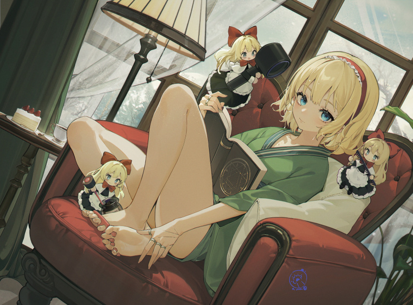 absurdres, alice_margatroid, alternate_costume, apron, blonde_hair, blue_eyes, book, bow