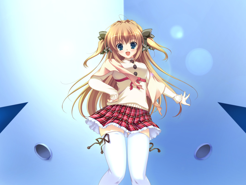 asuka_mirai, blue_eyes, brown_hair, game_cg, mikeou, nanairo_kouro, skirt, thigh-highs