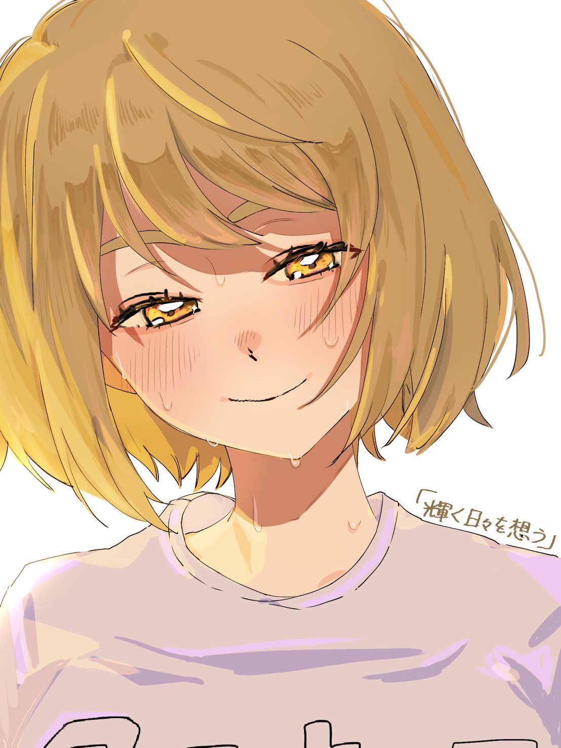 1girl, blonde_hair, blush, commentary_request, futsuu_no_keion-bu, head_tilt, highres, nitta_tamaki, print_shirt, shirt, short_hair, simple_background, sinyojurn, smile, solo, sweat, t-shirt, translation_request, upper_body, white_background, white_shirt, yellow_eyes