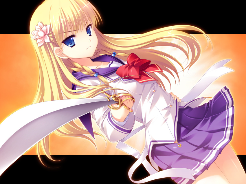blonde_hair, blue_eyes, game_cg, nanairo_kouro, rachel_windsor, rakko, seifuku, sword