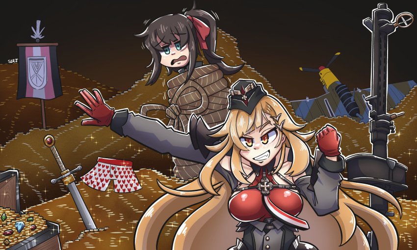 1boy, 1girl, aircraft, airplane, artist_name, banner, blonde_hair, blue_eyes, bound, boxer_briefs, breasts, brown_hair, collarbone, commander_(girls'_frontline), commission, cross, drum_magazine, dual_drum_magazine, garrison_cap, gem, girls_frontline, gloves, gold, green_gemstone, hair_ornament, hands_up, hat, heart, highres, iron_cross, large_breasts, long_hair, magazine_(weapon), male_underwear, mg15, mg15_(girls'_frontline), motion_lines, open_mouth, orange_eyes, ponytail, red_gemstone, red_gloves, red_ribbon, red_shirt, ribbon, rope, serjatronic, shirt, sleeveless, sleeveless_shirt, smile, sword, tied_up_(nonsexual), treasure_chest, underwear, very_long_hair, weapon