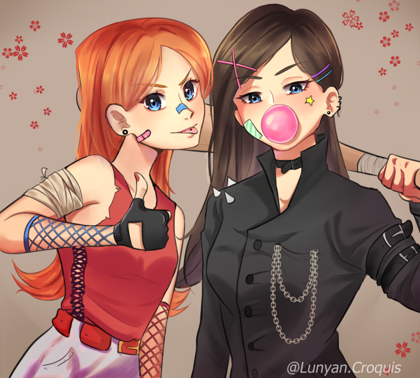 2girls, bandaid, bandaid_on_face, baseball_bat, blue_eyes, brown_hair, candace_gertrude_flynn, chewing_gum, choker, fingerless_gloves, gloves, hair_ornament, hairclip, highres, holding, holding_baseball_bat, long_hair, lunyangetthepower, makeup, multiple_girls, phineas_and_ferb, red_shirt, shirt, skirt, sleeveless, star_sticker, sticker, sticker_on_face, thumbs_up, vanessa_doofenshmirtz