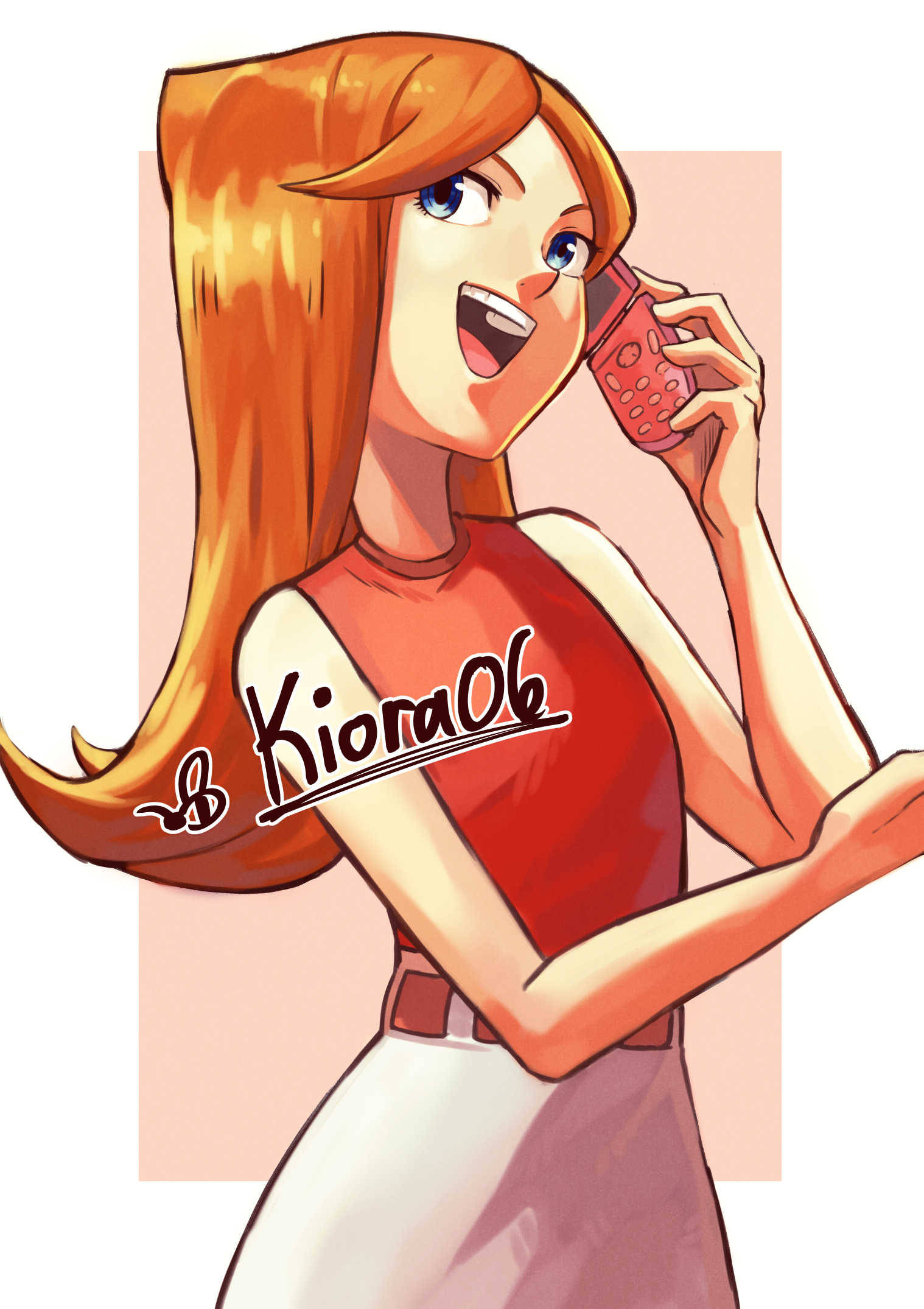 1girl, blue_eyes, candace_gertrude_flynn, cellphone, highres, holding, holding_phone, kiora06