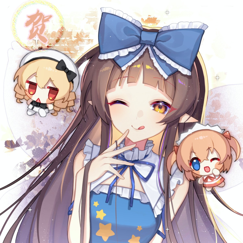 3girls, ;d, ;q, adapted_costume, bare_shoulders, blonde_hair, blue_bow, blue_eyes