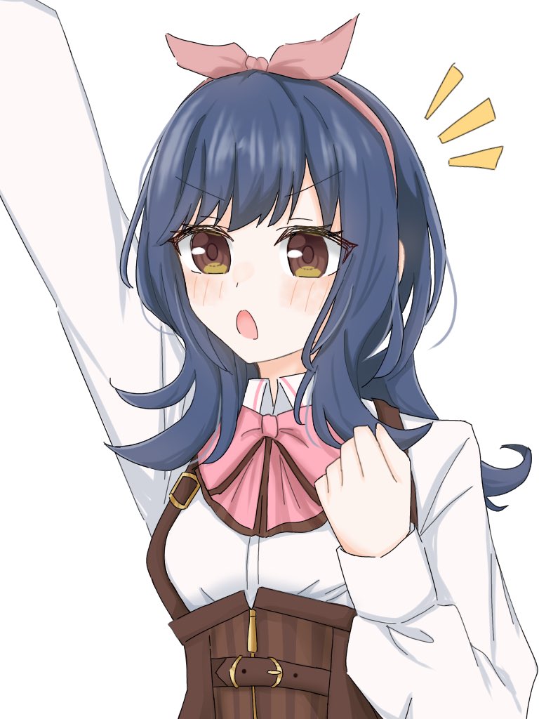 1girl, arm_up, assault_lily, belt, belt_buckle, blue_hair, blush, bow
