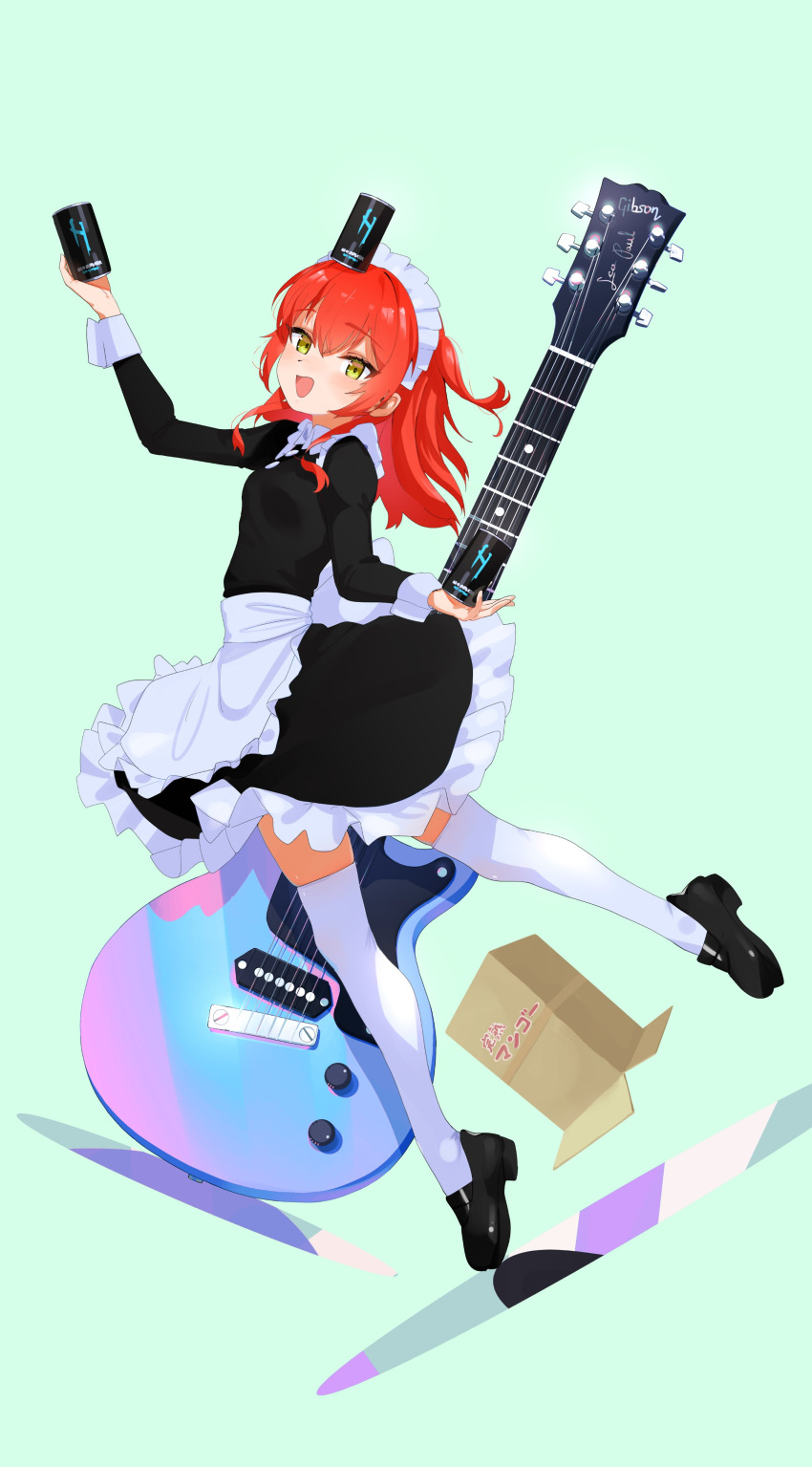 1girl, absurdres, apron, balancing_on_head, black_footwear, bocchi_the_rock!, box, can