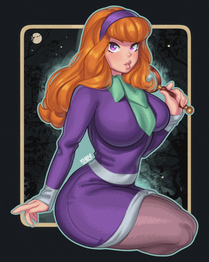 1girl, daphne_blake, dress, flatillustrator_khan, hairband, highres, holding, holding_magnifying_glass, long_hair, magnifying_glass, moon, orange_hair, pantyhose, purple_hairband, scarf, scooby-doo, skirt, solo, tree