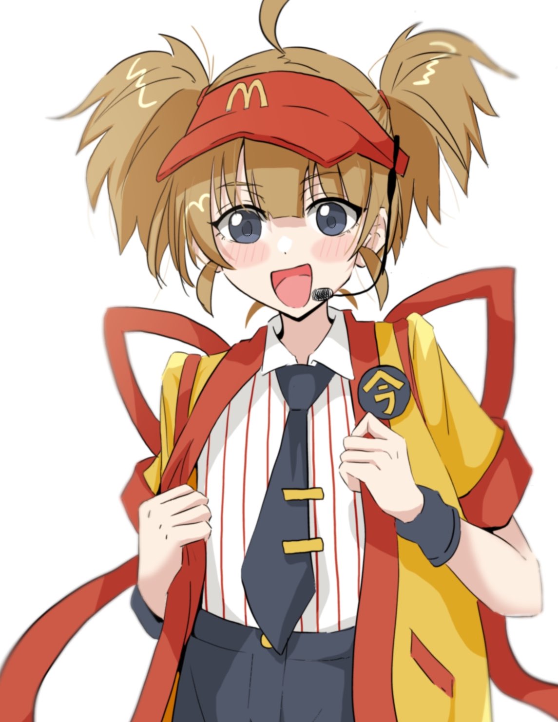 1girl, :d, adjusting_clothes, ahoge, black_necktie, black_shorts, black_wristband, blush_stickers, brown_hair, double_cheese_(mcdonald's), gonanjima, grey_eyes, hands_up, haori, hat, headset, highres, japanese_clothes, looking_at_viewer, mcdonald's, necktie, red_hat, shirt, short_hair, shorts, simple_background, smile, solo, striped_clothes, striped_shirt, tie_clip, twintails, vertical-striped_clothes, vertical-striped_shirt, visor_cap, white_background, white_shirt, wing_collar, yellow_haori