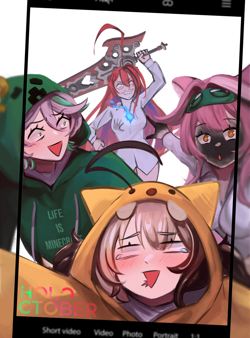 4girls, absurdres, ahoge, angry, animal_costume, animal_ears, blue_fire, blue_hair