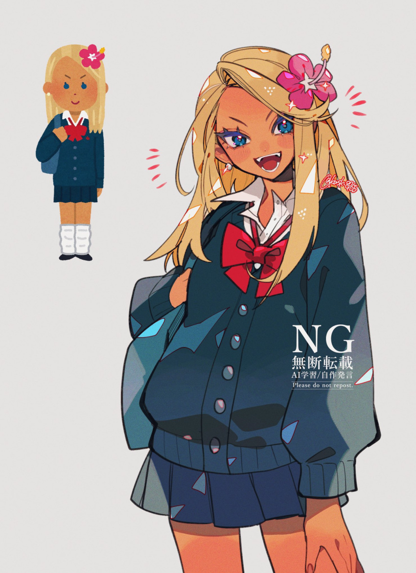 1girl, bag, blonde_hair, blue_cardigan, blue_eyes, blue_skirt, blush, bow