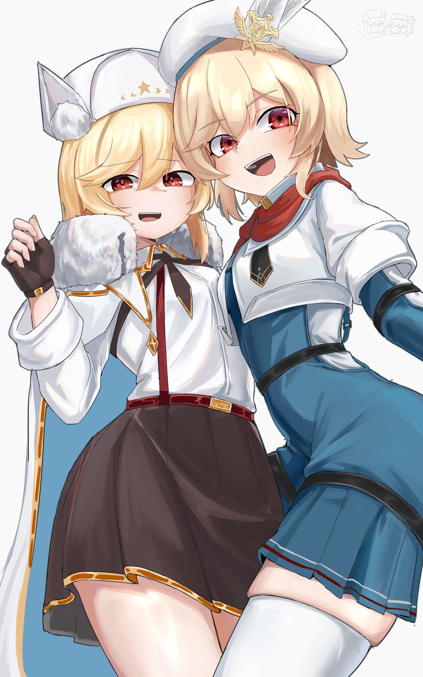 2girls, absurdres, animal_ears, beret, blonde_hair, blue_jumpsuit, breasts, brown_neckerchief