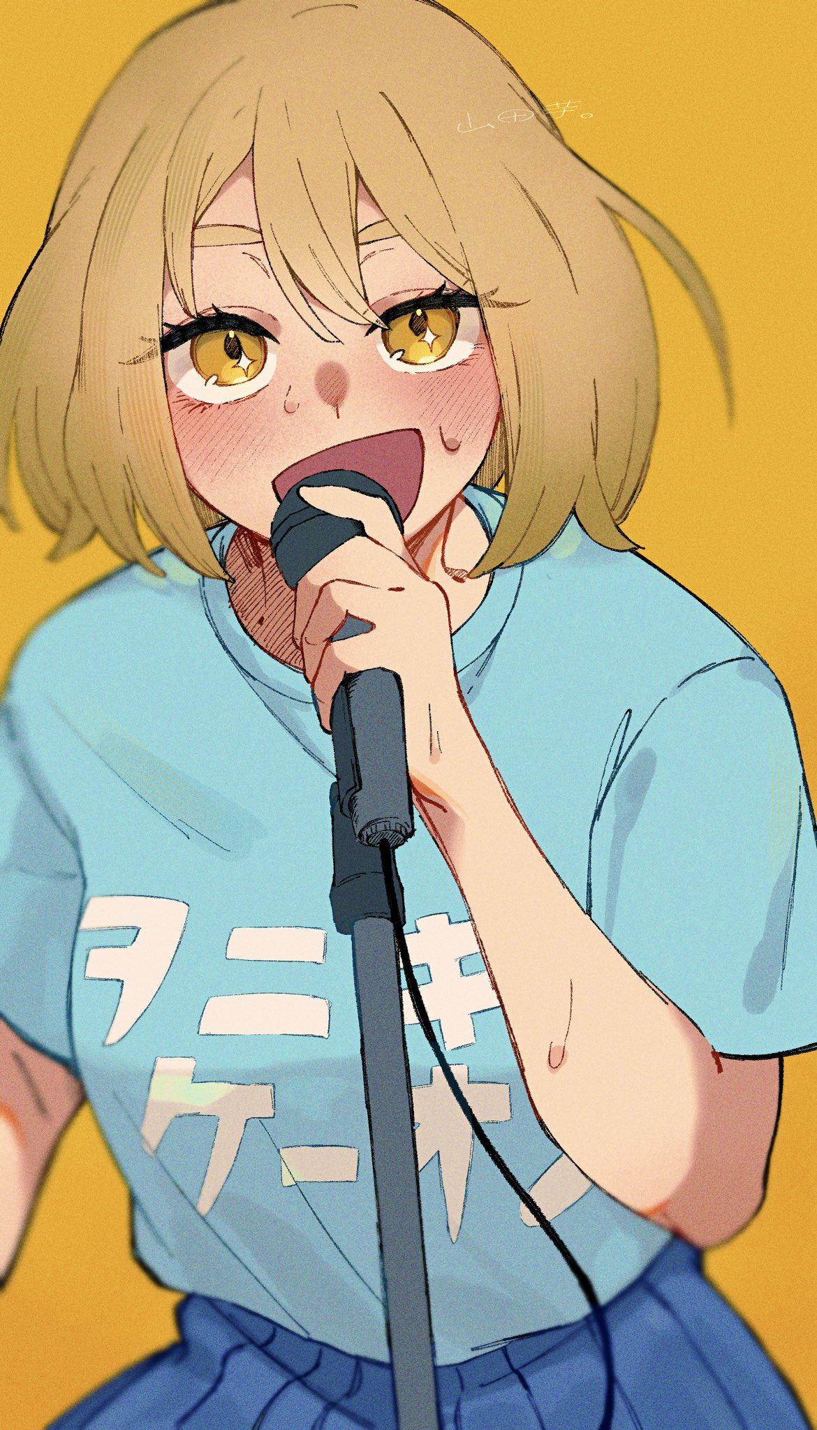 1girl, :d, audio_cable, blonde_hair, blue_shirt, blue_skirt, blurry, blush