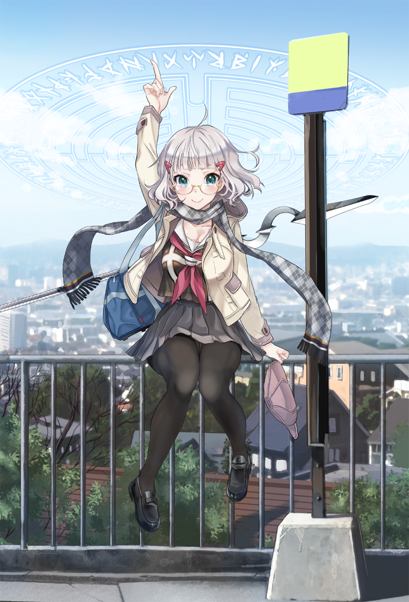 1girl, abeno_chako, ahoge, bag, blue_sky, building, commentary_request, dress