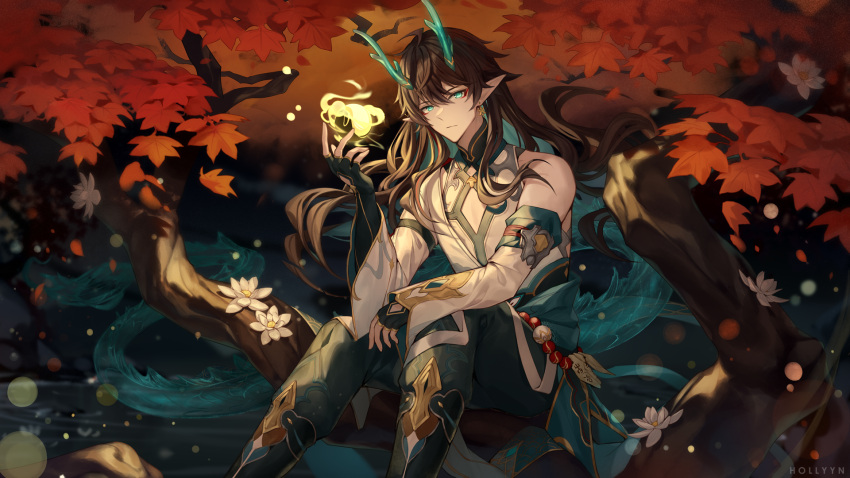 1boy, aqua_horns, aqua_sash, black_gloves, black_hair, chinese_clothes, closed_mouth, dan_heng_(honkai:_star_rail)