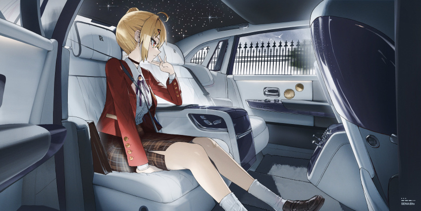 1girl, absurdres, ahoge, alternate_costume, arm_support, black_choker, black_footwear, blonde_hair