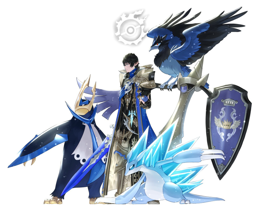 1boy, 2021, aegislash, alolan_sandslash, animal_on_arm, aymeric_de_borel, beak, bird