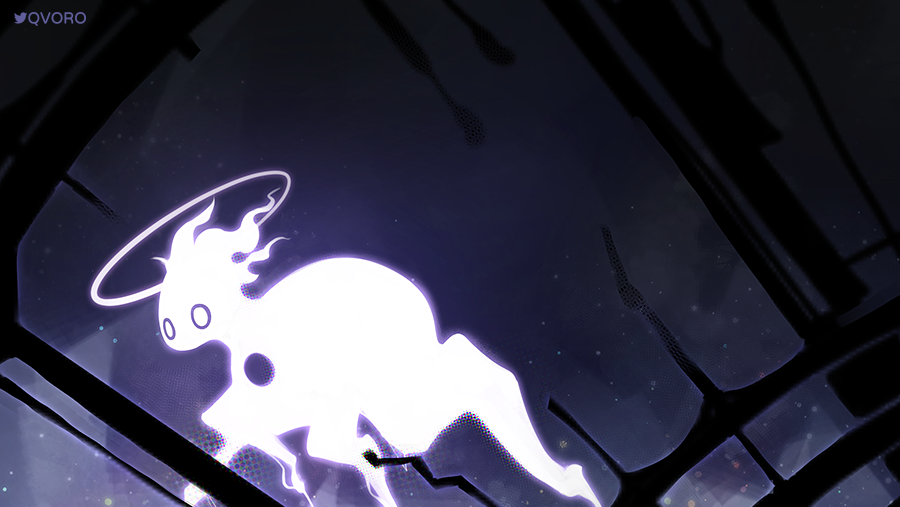 arceus_(prototype), commentary, creature, creature_focus, halo, neon_genesis_evangelion, no_humans, no_mouth