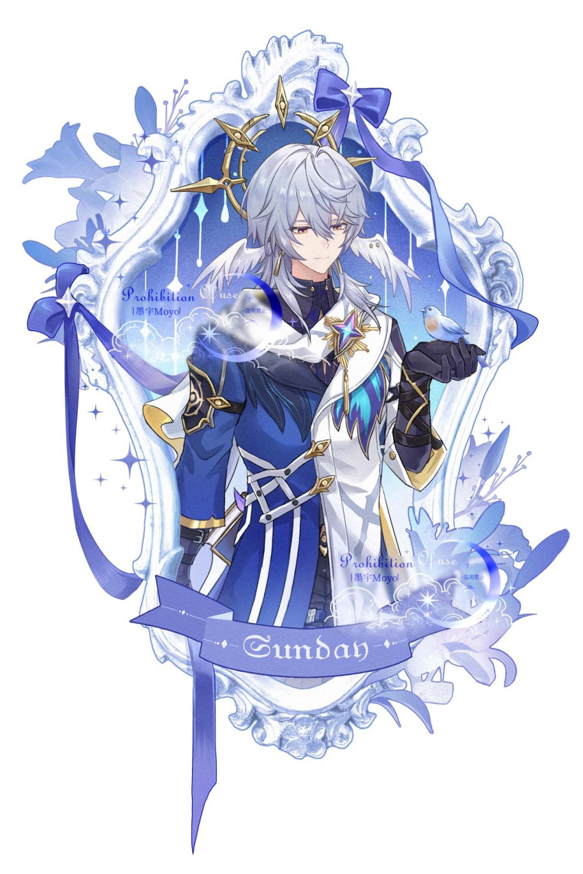 1boy, bird, earrings, gloves, grey_hair, hair_between_eyes, halo, halo_behind_head