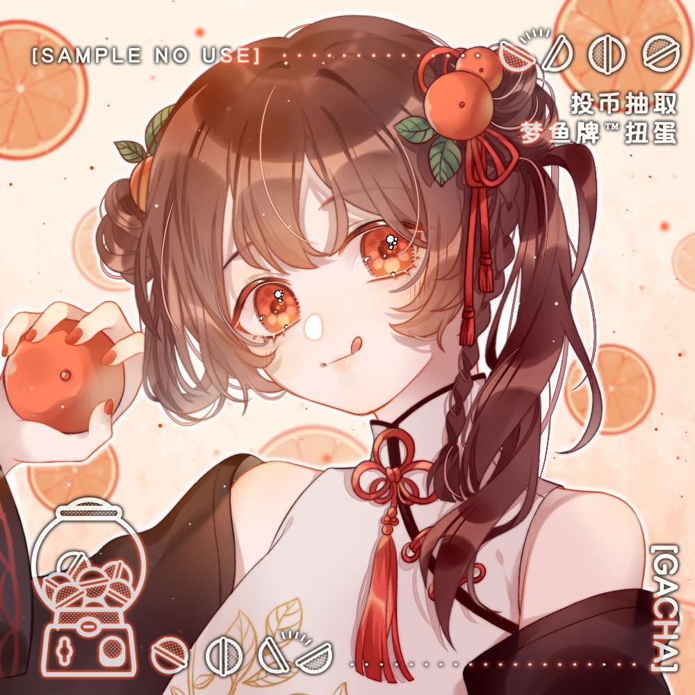 1girl, :q, asymmetrical_hair, black_robe, braid, brown_hair, china_dress, chinese_clothes, chinese_commentary, closed_mouth, collared_dress, commentary_request, commission, dated_commentary, dongtian_min, double_bun, dress, eyelashes, flower_knot, food, food-themed_hair_ornament, fruit, fruit_background, fruit_hat_ornament, hair_bun, hair_ornament, hair_over_shoulder, hair_ribbon, high_collar, holding, holding_food, holding_fruit, leaf, light_blush, light_particles, long_hair, long_sleeves, looking_at_viewer, nail_polish, neck_tassel, orange_(fruit), orange_background, orange_eyes, orange_hair_ornament, orange_nails, orange_slice, original, outline, red_ribbon, ribbon, robe, sample_watermark, side_braid, side_ponytail, single_bare_shoulder, sleeveless, sleeveless_dress, smile, solo, teeth, tongue, tongue_out, too_many_watermarks, upper_teeth_only, watermark, white_dress, white_outline