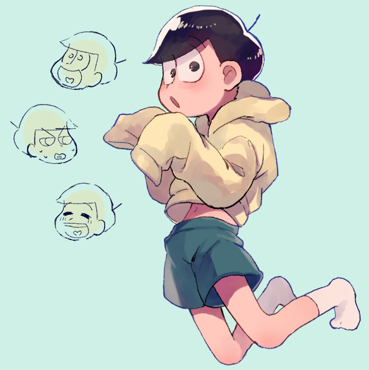 1boy, :o, ^_^, ahoge, ankle_socks, blue_background, blue_shorts, bluey, brown_eyes, brown_hair, clenched_teeth, closed_eyes, commentary_request, hand_on_own_chin, head_only, heart, heart_in_mouth, hood, hood_down, hoodie, jumping, kanatsuki, light_blush, long_sleeves, looking_at_viewer, male_focus, matsuno_jyushimatsu, midriff_peek, multiple_views, nervous_sweating, no_shoes, open_mouth, osomatsu-san, osomatsu_(series), short_hair, shorts, simple_background, sleeves_past_fingers, sleeves_past_wrists, smile, socks, sweat, teeth, upper_teeth_only, v-shaped_eyebrows, white_socks, yellow_hoodie