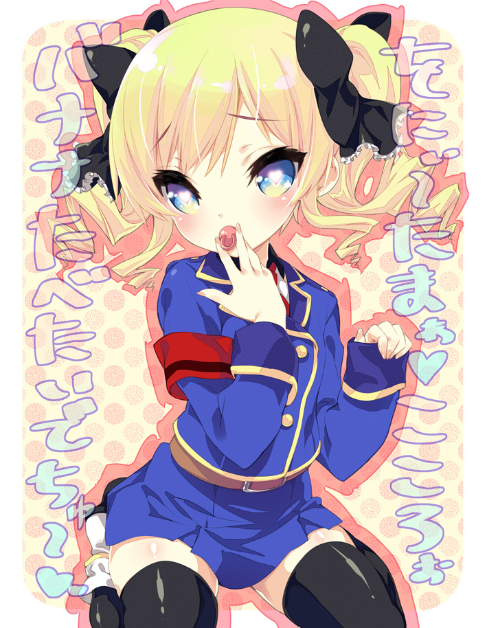 armband, black_legwear, blonde_hair, blue_eyes, drill_hair, heart, heart-shaped_pupils, multicolored_eyes