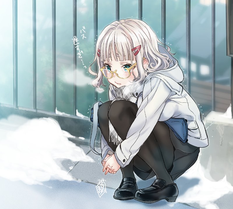 1girl, abeno_chako, black_pantyhose, blurry, blurry_background, breath, coat, commentary_request