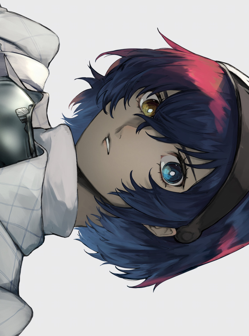 1boy, absurdres, blue_hair, coat, collared_shirt, commentary, dark-skinned_male, dark_blue_hair