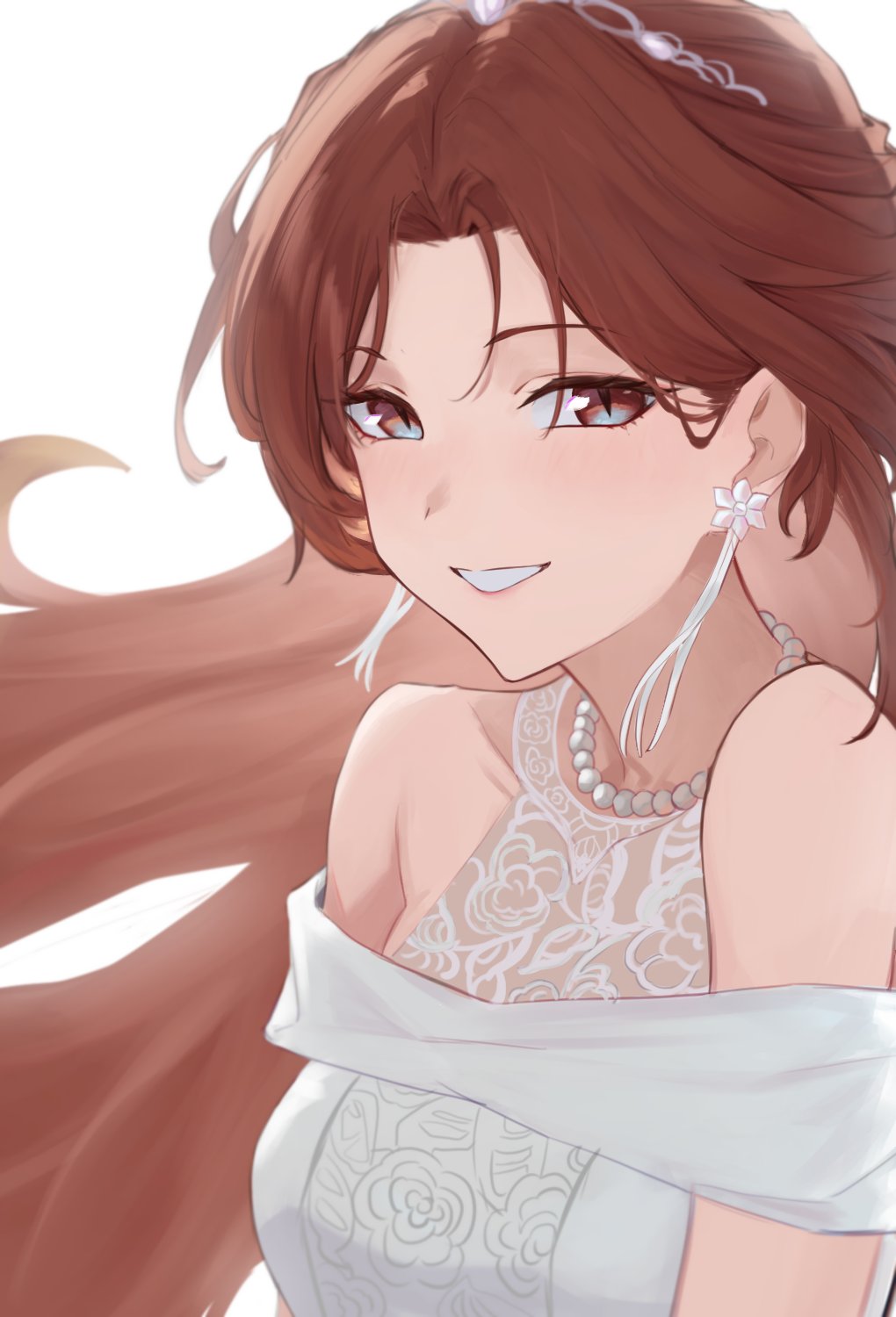 1girl, agurizume, aketa_mikoto, alternate_costume, brown_hair, collarbone, dress, earrings, floral_print, flower_earrings, highres, idolmaster, idolmaster_shiny_colors, jewelry, multicolored_eyes, necklace, pearl_necklace, simple_background, smile, solo, tiara, upper_body, wedding_dress, white_background, white_dress