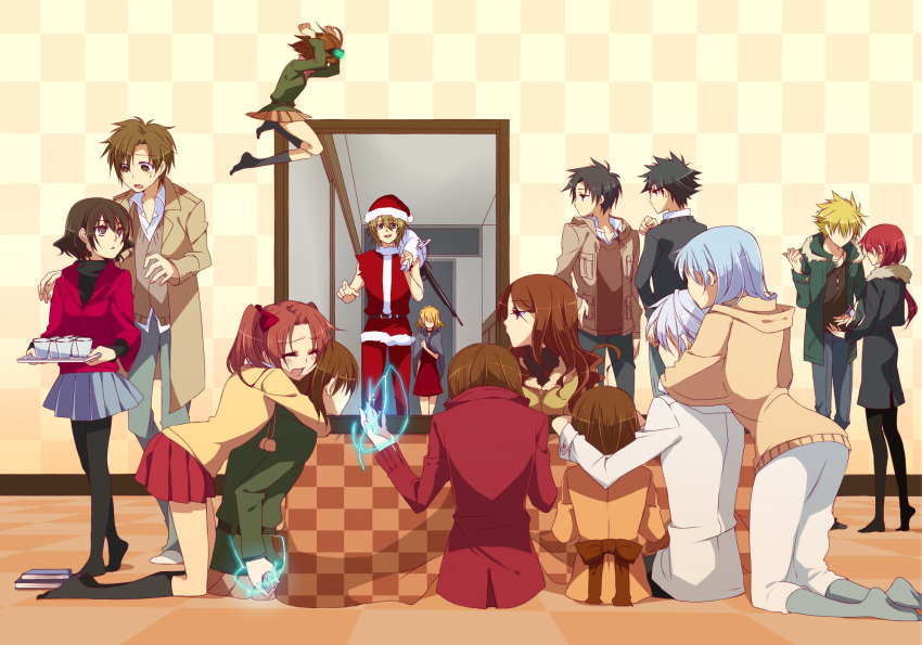 ahoge, bad_id, black_hair, black_legwear, black_thighhighs, blonde_hair, bow, brown_hair, closed_eyes, electricity, etzali, everyone, eyes_closed, fur_collar, hair_bow, hair_ornament, head_mounted_display, highres, index, jacket, kakine_teitoku, kamijou_touma, last_order, long_hair, misaka_imouto, misaka_mikoto, misaka_worst, mugino_shizuri, musujime_awaki, pantyhose, red_hair, redhead, ryuuki_(hydrangea), santa_costume, shirai_kuroko, short_hair, silver_hair, skirt, sogiita_gunha, spiked_hair, spiky_hair, the_girl_in_the_dress, thigh-highs, thighhighs, to_aru_majutsu_no_index, tsuchimikado_motoharu, twintails, unabara_mitsuki, white_hair, xochitl