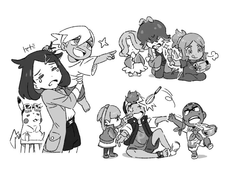 4boys, 4girls, aged_down, carrying, closed_eyes, commentary_request, dot_(pokemon), friede_(pokemon), grabbing_another's_hair, greyscale, hair_ornament, hairclip, highres, holding, holding_bandaid, holding_wrench, jacket, kneeling, liko_(pokemon), ludlow_(pokemon), mixing_bowl, mollie_(pokemon), monochrome, motion_lines, multiple_boys, multiple_girls, murdock_(pokemon), open_clothes, open_jacket, open_mouth, orla_(pokemon), pikachu, pokemon, pokemon_(anime), pokemon_(creature), pokemon_horizons, roy_(pokemon), shirt, short_sleeves, shorts, standing, swept_bangs, tearing_up, teeth, tomatomi, upper_teeth_only, video_camera, whisk, wrench