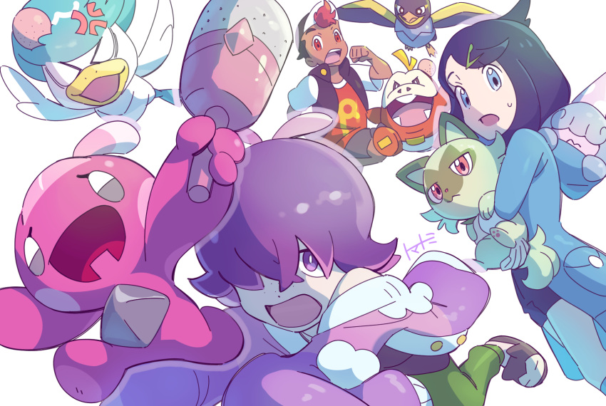 1boy, 2girls, anger_vein, black_hair, black_shorts, blue_coat, blue_eyes, bright_pupils