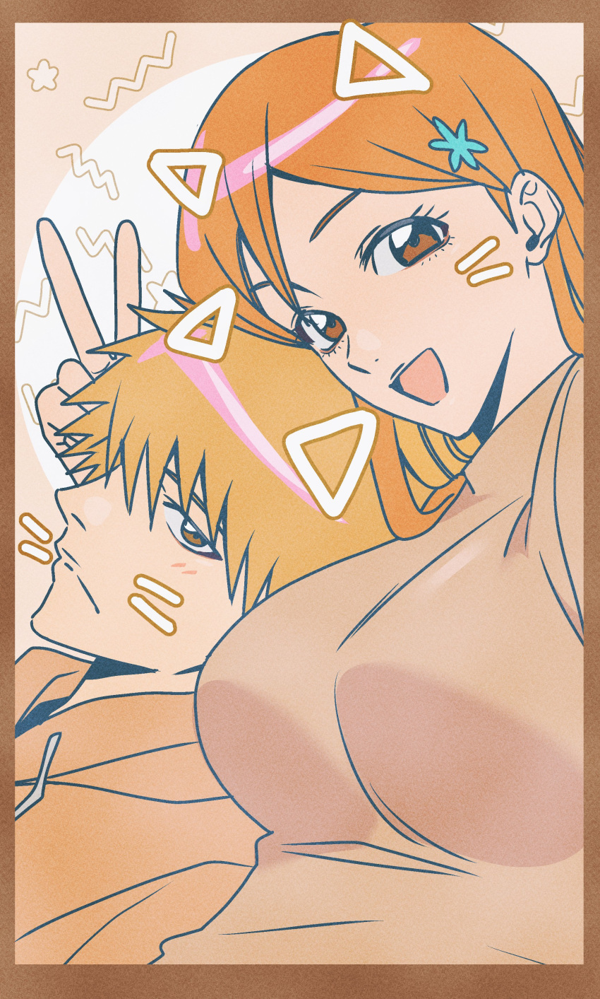 1boy, 1girl, absurdres, animal_ears, bleach, breasts, cat_ears, couple, facial_mark, hair_behind_ear, hair_between_eyes, hair_ornament, hetero, highres, hood, hoodie, inoue_orihime, kurosaki_ichigo, large_breasts, long_hair, n_(nauki_11), open_mouth, orange_eyes, orange_hair, orange_hoodie, selfie, short_hair, smile, snowflake_hair_ornament, upper_body, v, whisker_markings
