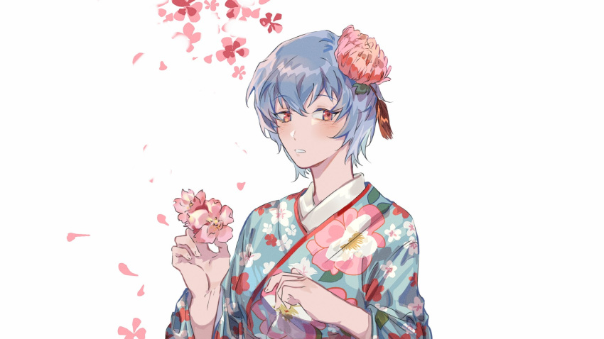 1girl, alternate_costume, ayanami_rei, blue_hair, blue_kimono, blush, cherry_blossoms, floral_print_kimono, flower, hair_between_eyes, hair_flower, hair_ornament, highres, holding, holding_flower, japanese_clothes, kimono, looking_at_viewer, neon_genesis_evangelion, open_mouth, red_eyes, short_hair, simple_background, solo, upper_body, white_background, xing_20