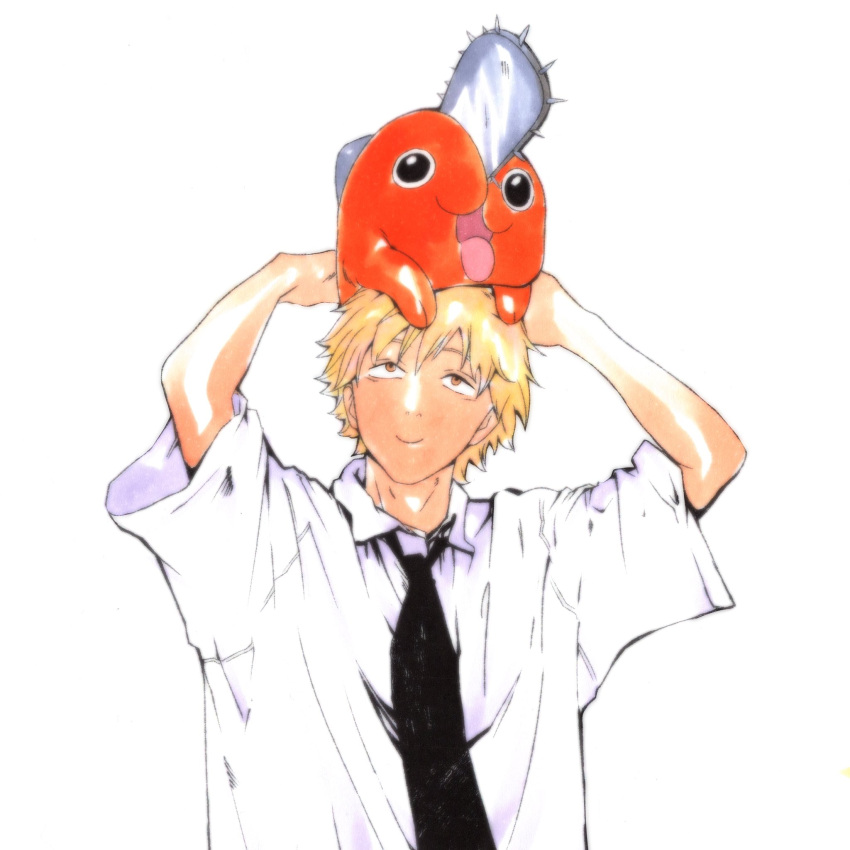 1boy, animal_on_head, artbycale, black_necktie, blonde_hair, brown_eyes, chainsaw, chainsaw_man, closed_mouth, collared_shirt, creature, denji_(chainsaw_man), highres, loose_clothes, loose_shirt, male_focus, necktie, on_head, pochita_(chainsaw_man), shirt, short_hair, short_sleeves, smile, tongue, tongue_out, upper_body, white_background, white_shirt