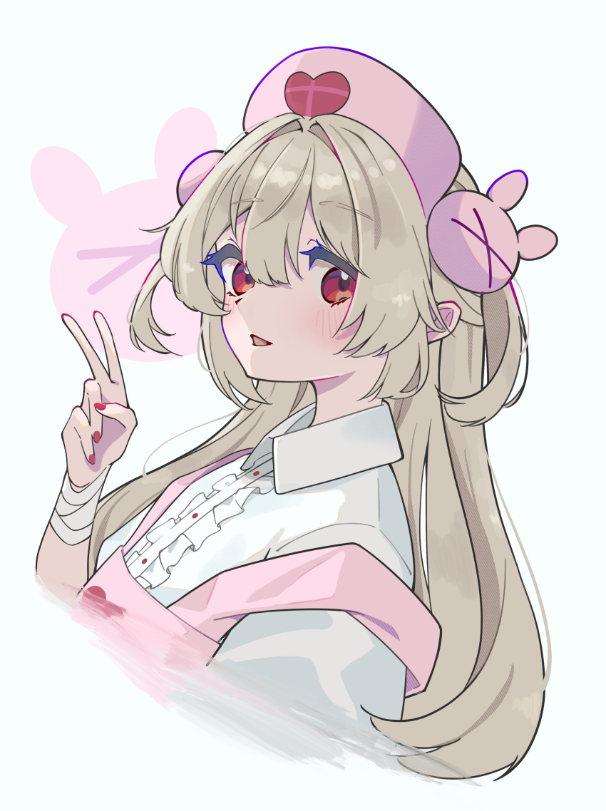 1girl, absurdres, apron, bandaged_arm, bandages, blush, collared_shirt, cropped_torso