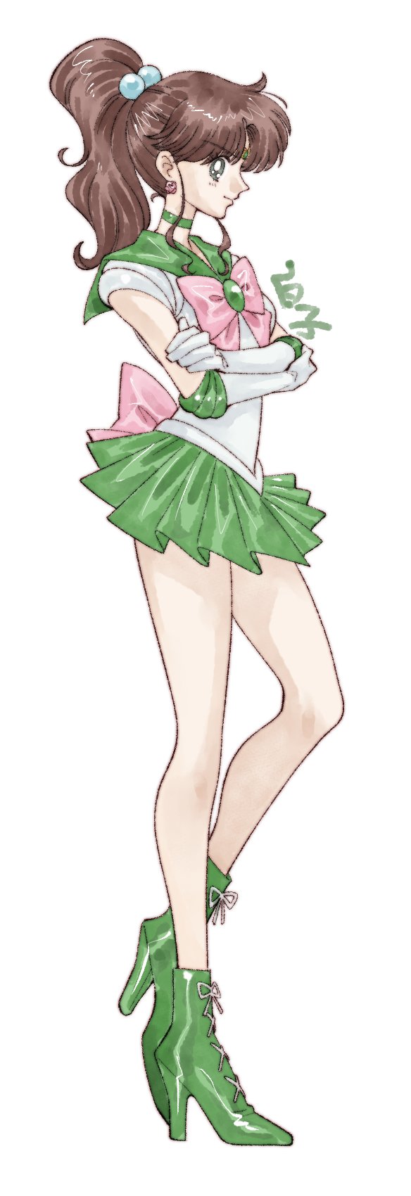 1girl, back_bow, bishoujo_senshi_sailor_moon, boots, bow, brooch, brown_hair, choker