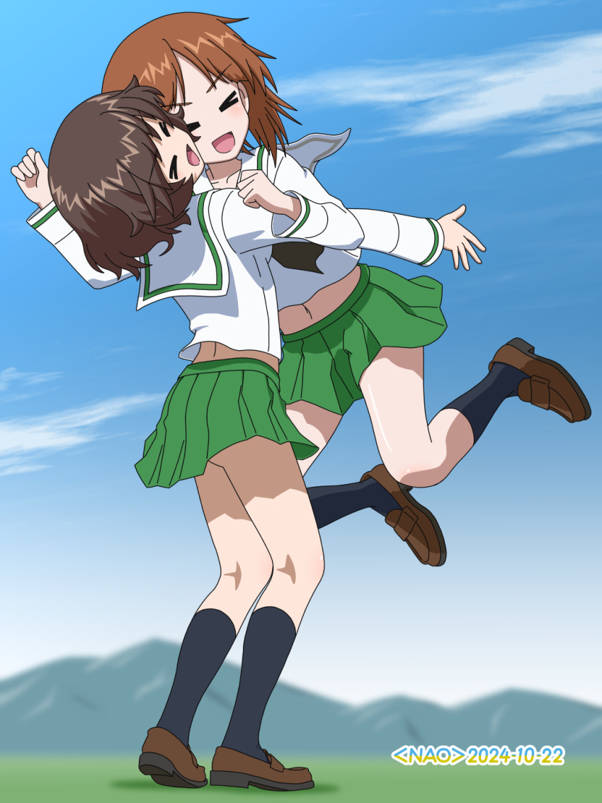 2girls, akiyama_yukari, black_socks, blush, brown_hair, closed_eyes, dated, girls_und_panzer, green_skirt, highres, hug, miniskirt, multiple_girls, naotosi, navel, nishizumi_miho, ooarai_school_uniform, open_mouth, school_uniform, short_hair, signature, skirt, sky, smile, socks, yuri