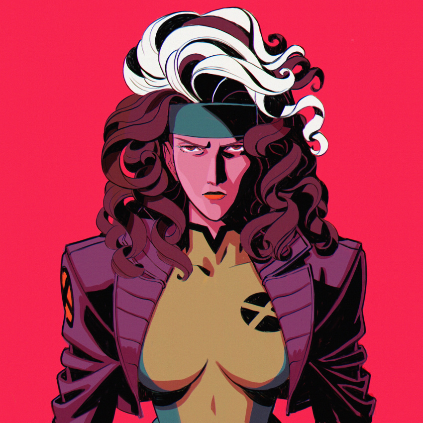 1girl, absurdres, bodysuit, breasts, brown_eyes, brown_hair, brown_jacket, closed_mouth, cropped_jacket, green_bodysuit, green_headband, headband, highres, jacket, long_hair, long_sleeves, looking_at_viewer, marvel, medium_breasts, multicolored_hair, red_background, rogue_(x-men), solo, streaked_hair, superhero_costume, swept_bangs, thechaseconley, two-tone_bodysuit, upper_body, wavy_hair, white_hair, x-men, yellow_bodysuit