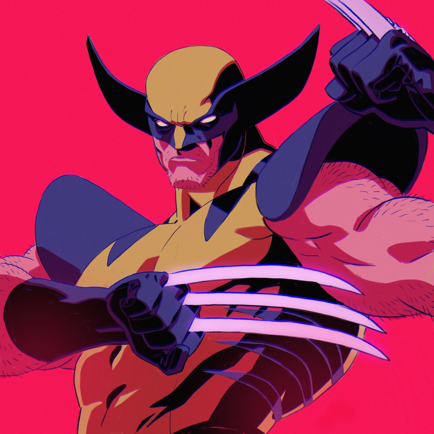 1boy, arm_hair, armor, black_gloves, claw_(weapon), clenched_hands, closed_mouth, covered_eyes, facial_hair, gloves, highres, male_focus, marvel, mask, muscular, muscular_male, red_background, shoulder_armor, solo, stubble, superhero_costume, thechaseconley, upper_body, weapon, white_eyes, wolverine_(x-men), x-men