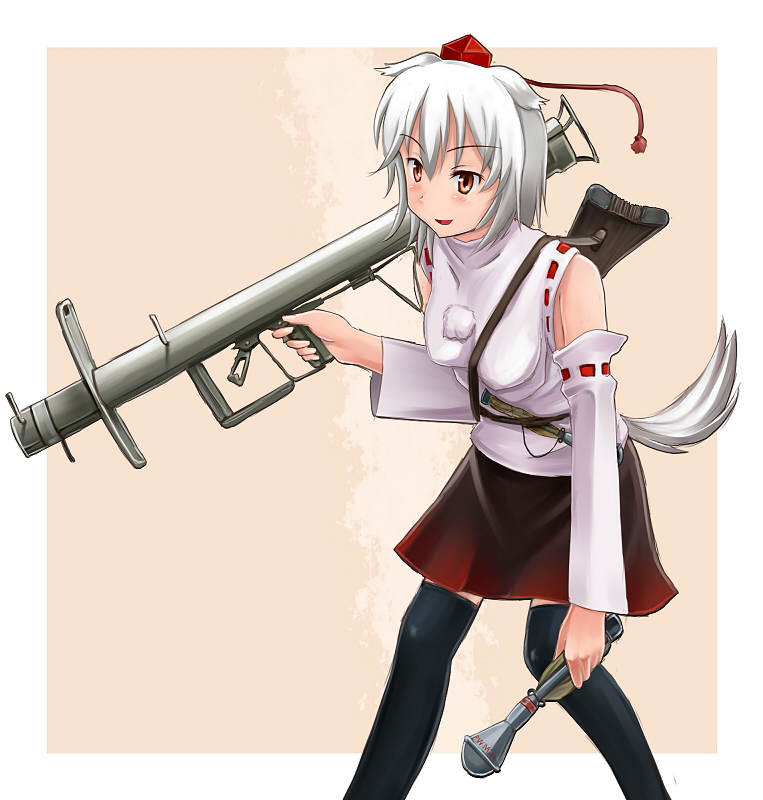 animal_ears, detached_sleeves, gun, hat, inubashiri_momiji, kcme, knife, panzerschreck