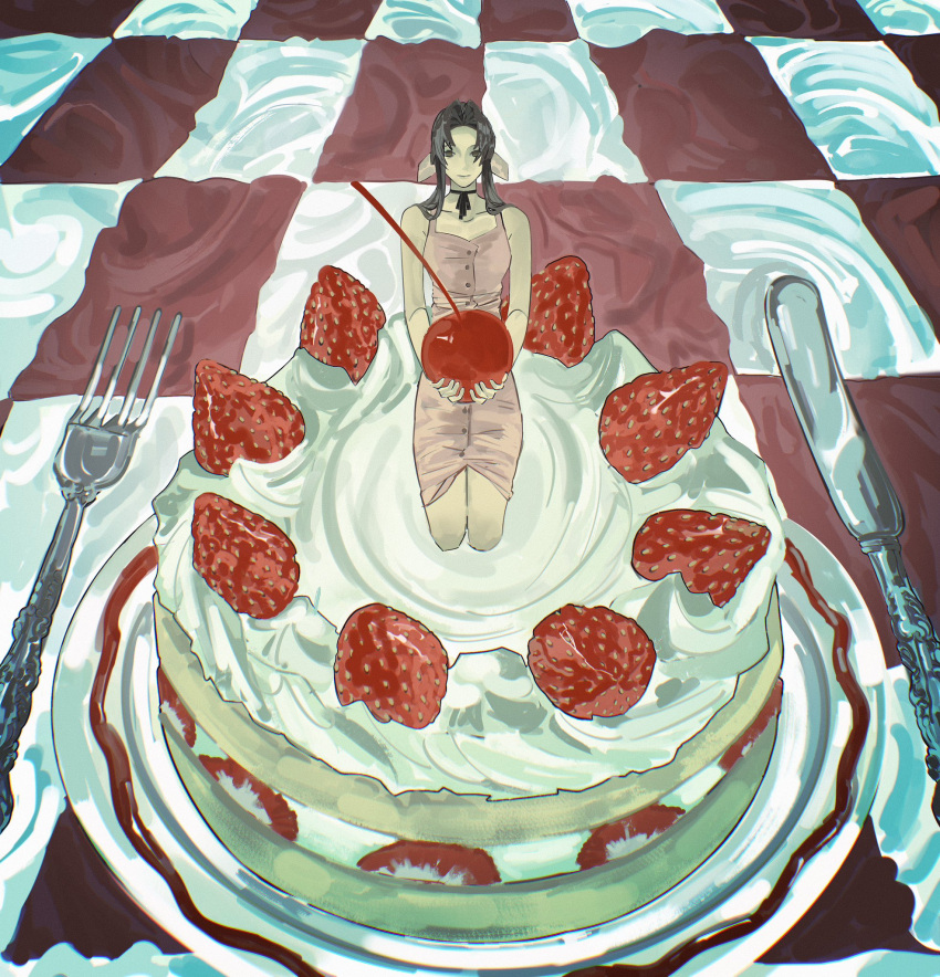 1girl, aerith_gainsborough, bare_arms, bare_shoulders, breasts, brown_hair, cake, center_opening