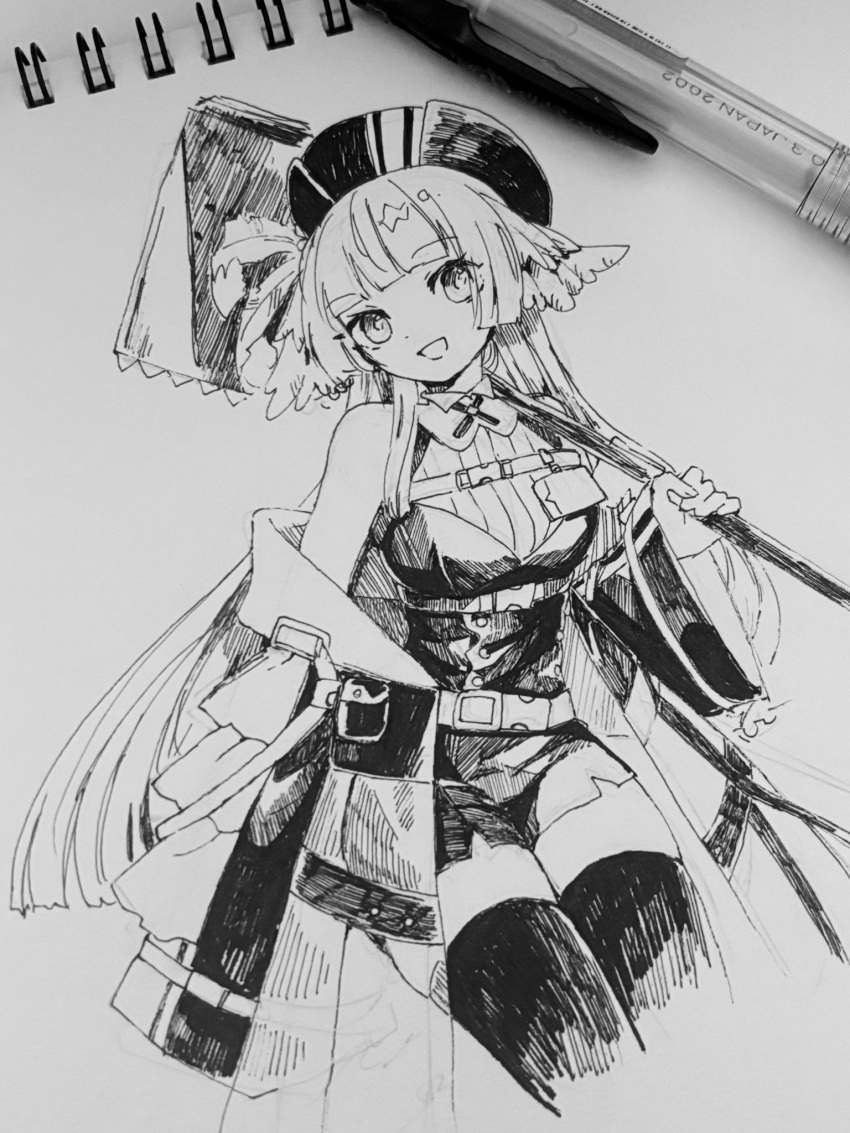 1girl, :d, arknights, art_tools_in_frame, bare_shoulders, belt, bird_girl, breasts