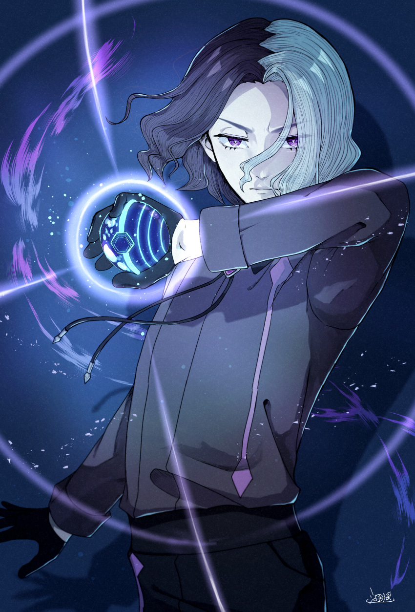 1boy, absurdres, amethio_(pokemon), black_gloves, black_pants, blue_background, bright_pupils, closed_mouth