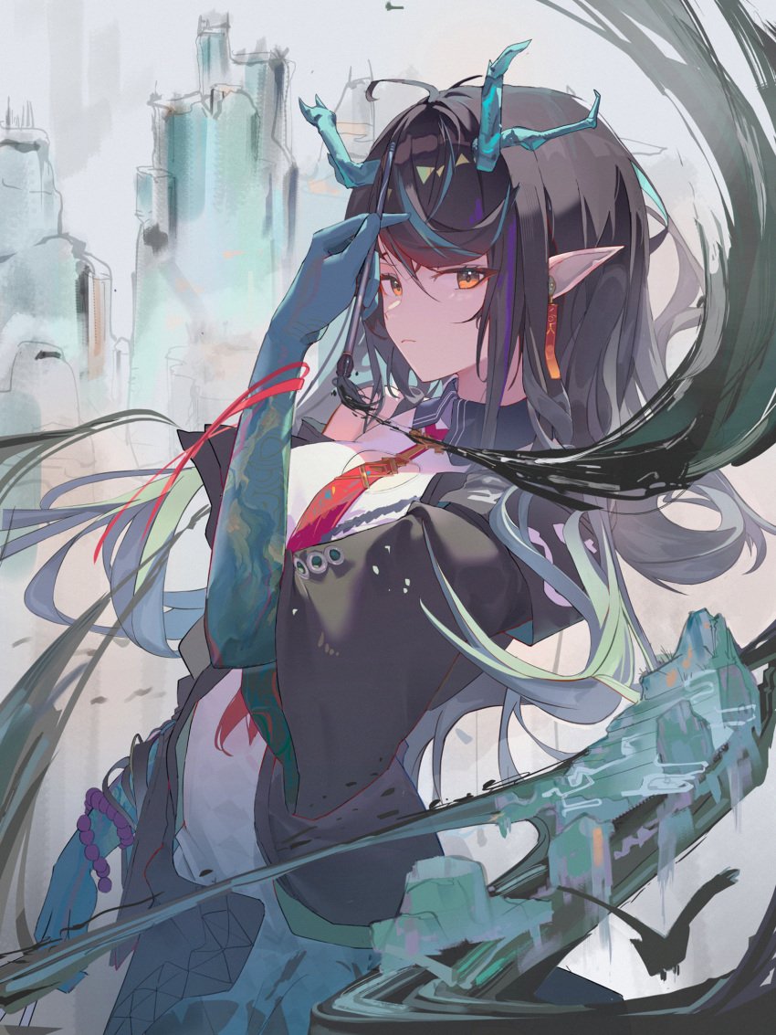 1girl, arknights, bead_bracelet, beads, bird, black_hair, black_jacket, bracelet