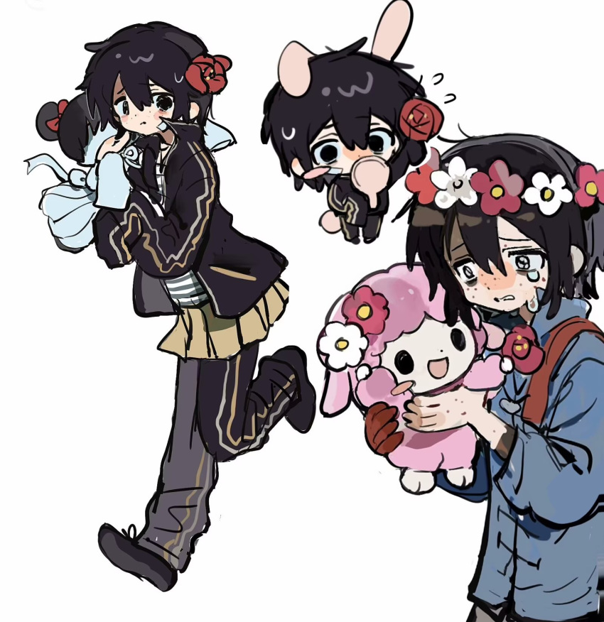 1boy, 1girl, animal_ears, black_eyes, black_footwear, black_hair, black_jacket, black_pants