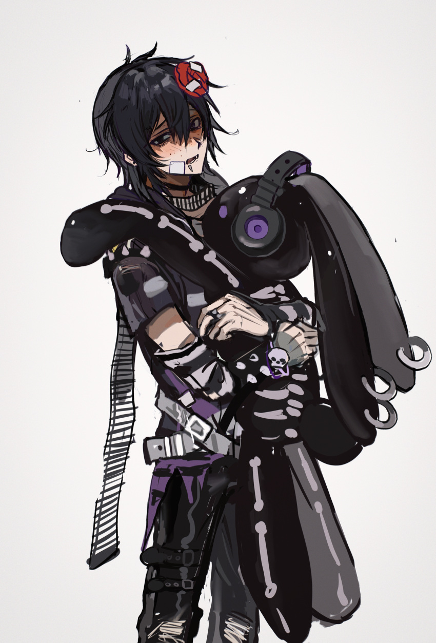 1boy, absurdres, alternate_costume, arm_warmers, bandage_on_cheek, belt, black_arm_warmers, black_belt