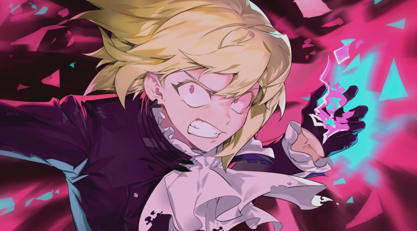 1boy, androgynous, angry, ascot, black_gloves, black_jacket, blonde_hair, clenched_teeth