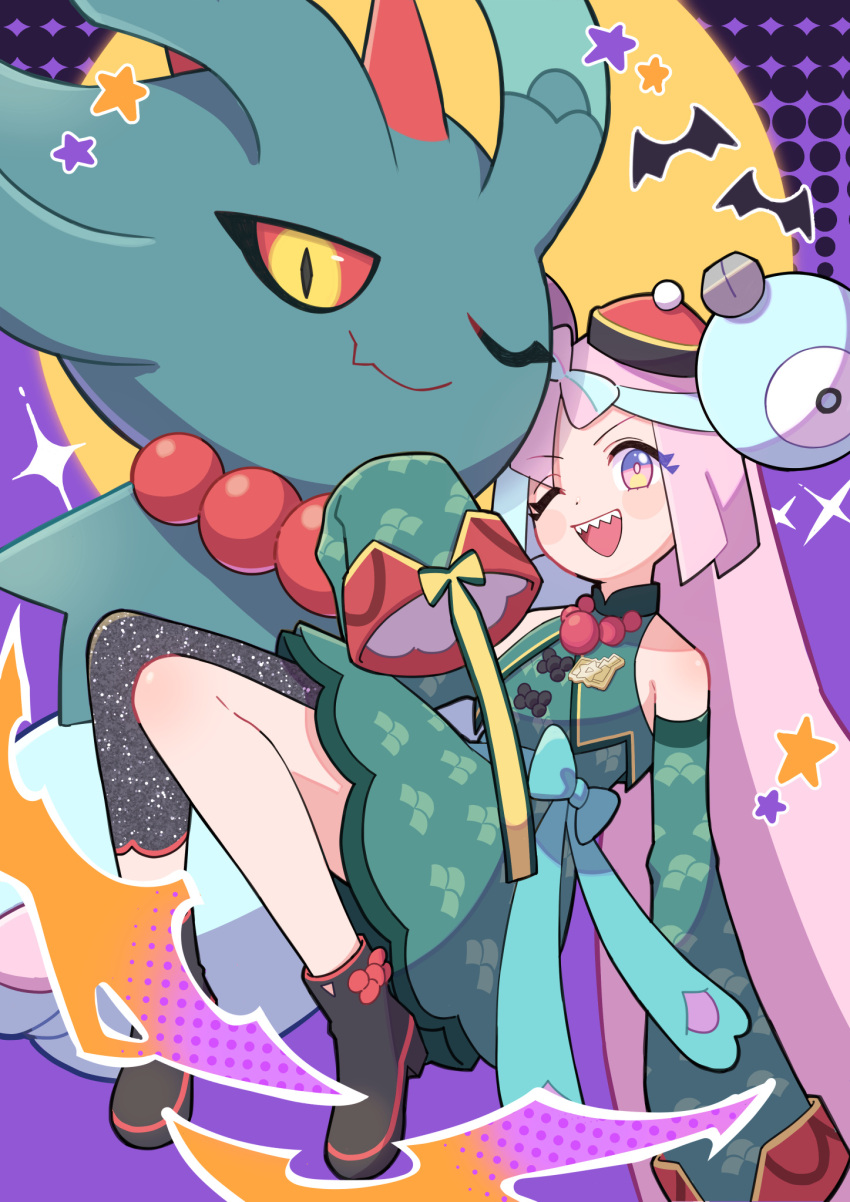 1girl, ;d, bare_shoulders, boots, bow, bow-shaped_hair, character_hair_ornament, commentary_request, detached_sleeves, dress, flutter_mane, green_dress, green_sleeves, hair_ornament, hand_up, happy, hat, highres, iono_(fall_2024)_(pokemon), iono_(pokemon), long_hair, multicolored_hair, official_alternate_costume, one_eye_closed, open_mouth, pokemon, pokemon_(creature), pokemon_masters_ex, sharp_teeth, shinna_(user_zfuz4288), smile, star_(symbol), teeth, twintails, two-tone_hair, upper_teeth_only